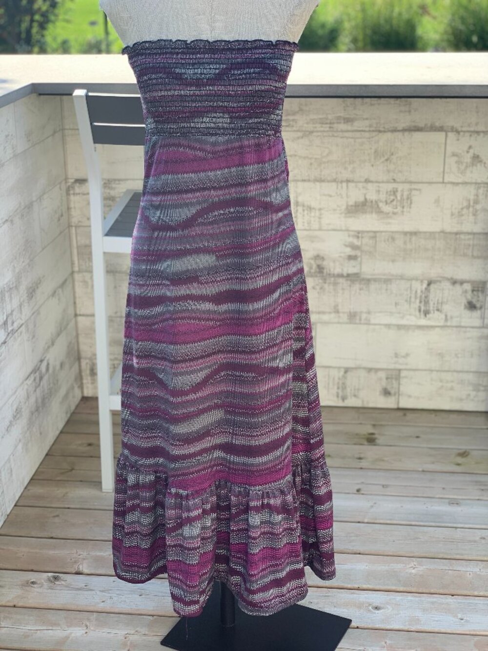 Vintage Y2K Strapless Maxi Dress S Purple Striped Ruffle Hem Stretch Boho 90s